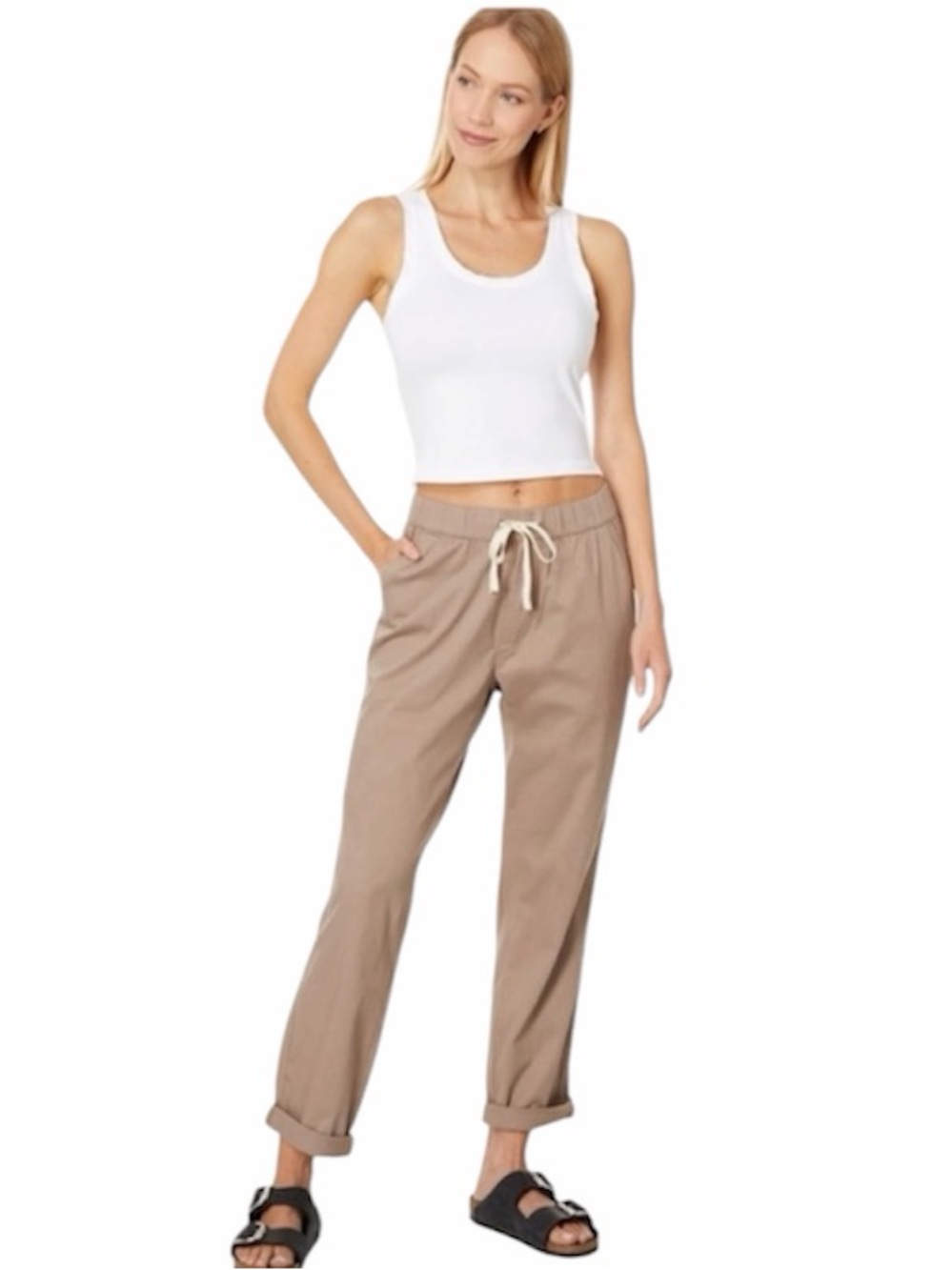 Pact Tan Organic Cotton Woven Twill Drawstring‎ Roll Up Casual Pants Size Medium